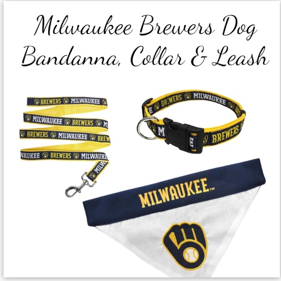 NWT Milwaukee Brewers Dog Collar, Leash & Reversible Bandanna Size Small - Picture 1 of 11
